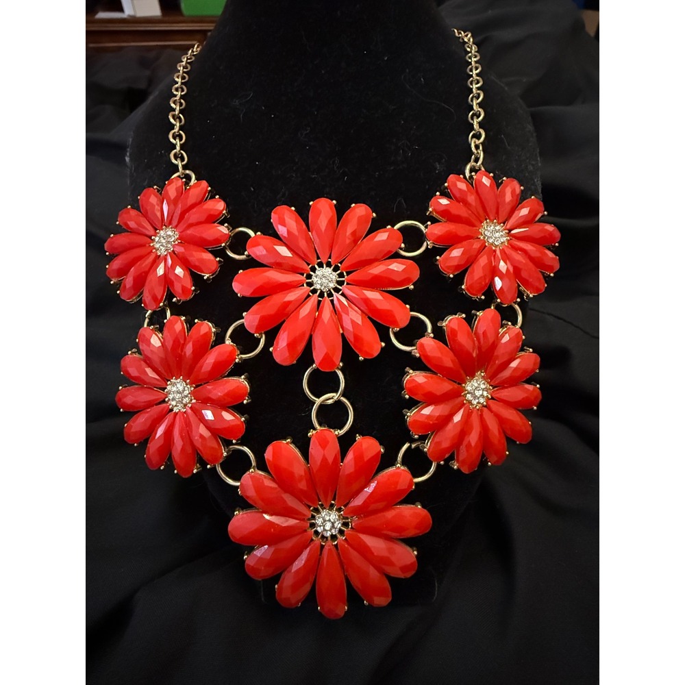 Etc! Red Daisy Floral Statement Bib Necklace Gold Tone Rhinestone Accent